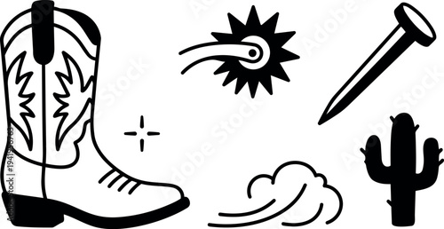Black and white cowboy boot spurs nail desert cactus wind icon set western style vector illustration minimal design