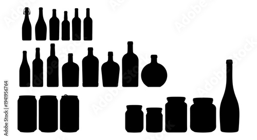 Collection of various bottle and jar silhouettes on white background silhouette black icon set alcohol