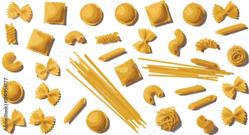 Italian pasta varieties collection including spaghetti, macaroni, farfalle, ravioli and fusilli, traditional pasta shapes for cooking and Italian cuisine illustration