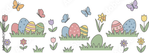 Easter egg and flower decorative : A delightful illustration of decorated Easter eggs nestled in grassy patches, encircled by fluttering butterflies and blooming flowers.