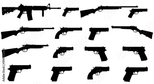 Silhouette collection of various firearms on white background gun pistol rifle handgun assault revolver shotgun