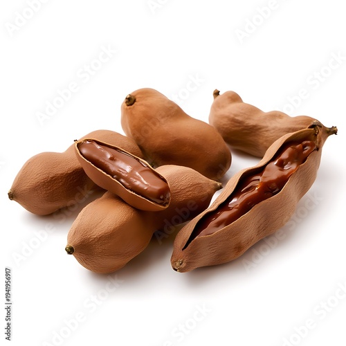 Pile of fresh tamarind fruit pods, some broken to show the rich dark brown pulp and seeds, isolated on white. A sweet, sour, tropical ingredient for global cuisine