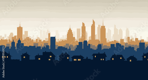 City skyline with residential houses in the foreground at dusk or dawn skyscrapers urban landscape