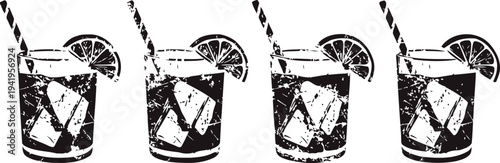 Grunge cocktail glasses with ice cubes, lemon wedges, and striped straws pattern in black and white