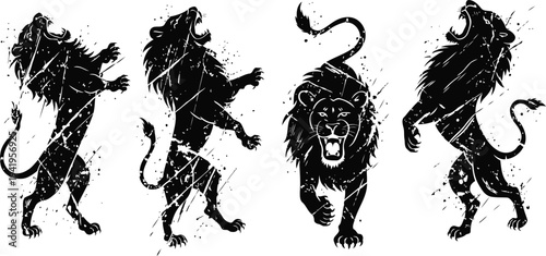 grunge lion silhouettes in various poses showing roaring and standing posture with gritty textured effect