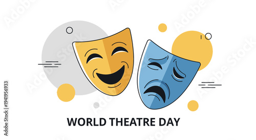 Colorful Happy and Sad Theatre Masks for "World Theatre Day" Celebration on Bright Studio Background