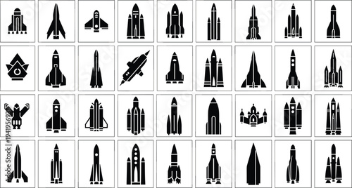 Collection of modern rocket and spacecraft icons in black