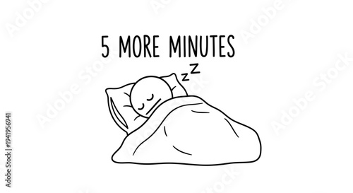 Sleepy Stick Figure Man Requesting "5 More Minutes" While Sleeping Comfortably in Bed on Isolated White Background