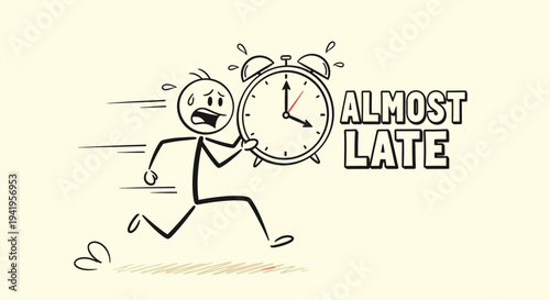 Stressed Stick Figure Man Running Frantically with Large Alarm Clock and "Almost Late" Message on Bright Yellow Background