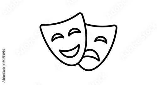 Black Outline Happy and Sad Theatre Masks Representing Comedy and Tragedy on Isolated White Background
