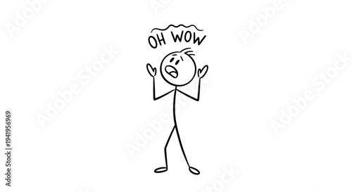 Surprised Stick Figure Man Expressing Shock and Amazement with "Oh Wow" Message on Isolated White Background