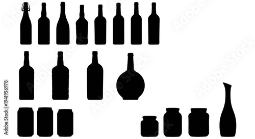 Silhouettes of various beverage bottles and cans on white background bottle wine beer liquor soda