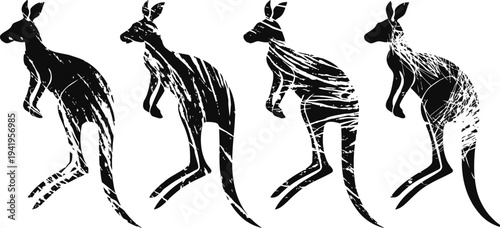 kangaroo motion sequence drawing black silhouettes showing four dynamic jump poses step by step