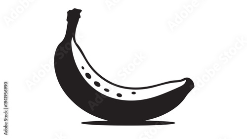 Banana icon with dark silhouette and oval highlights against a white background, showcasing a simple graphic representation of the fruit.