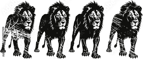 four black silhouette lions walking lined up in a row, wild animal power and strength concept
