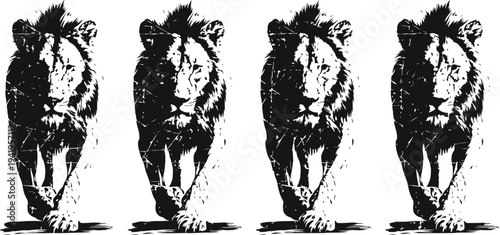 bold lion silhouette in motion, four times repeated with artistic stencil style, wildlife strength concept