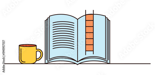 Mug next to open book with orange ladder detail coffee.