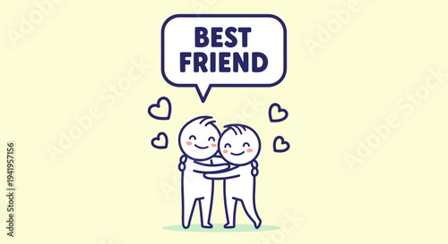 Two Happy Stick Figures Hugging Affectionately, Celebrating "Best Friend" Relationship, in Bright Studio.
