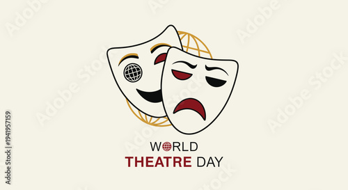 Comedy and Tragedy Theatrical Masks for World Theatre Day on a Light Beige Background.