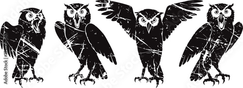 four black silhouette owls in different poses with spread wings and perched stance