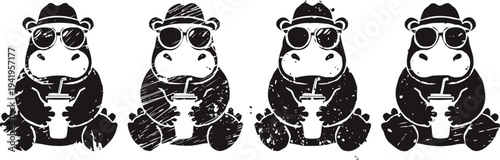 four cool hippo silhouettes wearing sunglasses and hats, sitting with a casual vibe