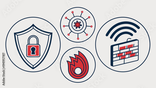 Set of 4 cybersecurity icons vector, shield, lock, warning, server