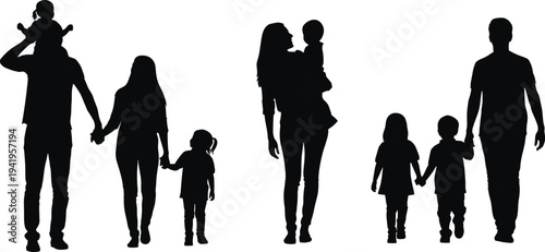 Family silhouette collection, parents walking with children and baby isolated on white background, happy family relationship love parenting concept illustration