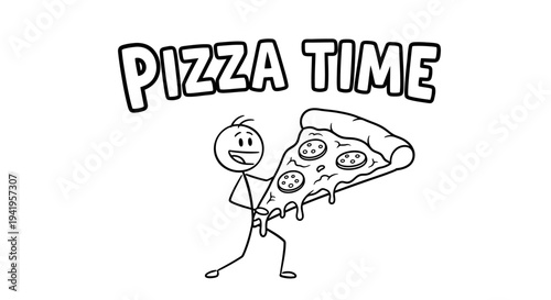 Happy Stick Figure Man Enjoying Large Slice of Pizza, Announcing "Pizza Time", in Bright Studio.