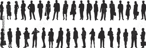 Silhouettes of diverse professionals and individuals standing in formal and casual clothing styles, posture study, workplace diversity, fashion design, demographic representation illustration
