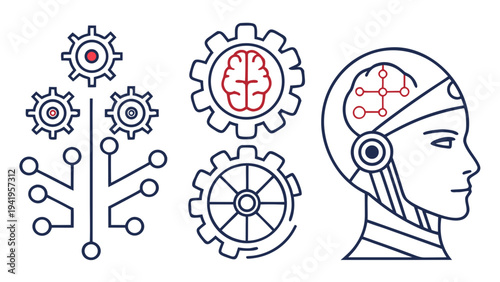 Set of 5 artificial intelligence icons vector, robotic mind, gears and circuitry