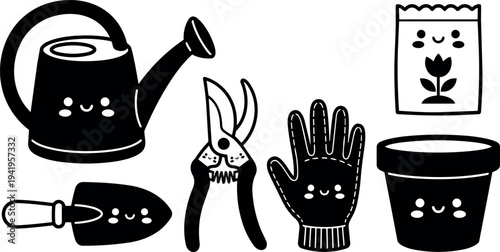 Cute smiling garden watering can pruning shears trowel glove pot and seedling packet vector icons black and white style
