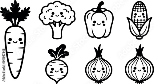 Cute kawaii style smiling carrot beet broccoli bell pepper corn onion vegetables set vector illustration icons