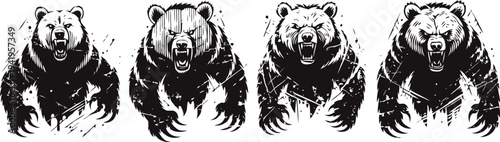 grizzly bear illustrations set wild animal front view showing strength and power in black ink