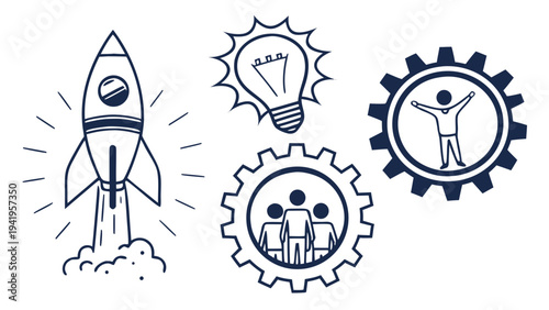 Set of 4 business icons vector, innovation, startup, teamwork, success