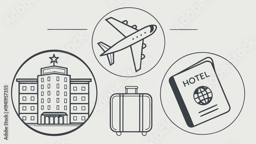 Set of 4 travel icons vector, hotel, airplane, luggage, passport