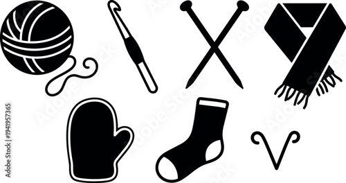 Black and white knitting tools ball of yarn crochet hook knitting needles scarf mitten and sock vector icons collection