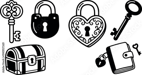 Black and white vector collection of vintage keys locks heart shaped padlock treasure chest and locked wallet icons