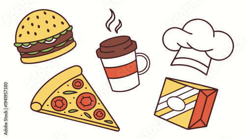 Set of 5 food and drink icons vector, coffee, burger, pizza, chef hat, takeaway box