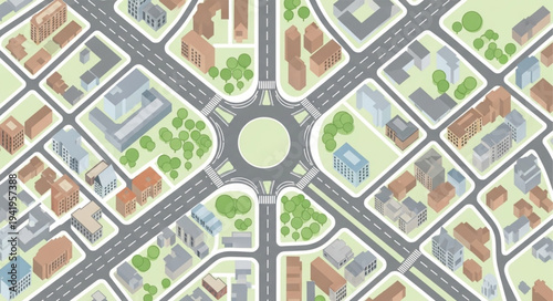 Aerial View of Cityscape with Roundabout and Buildings.