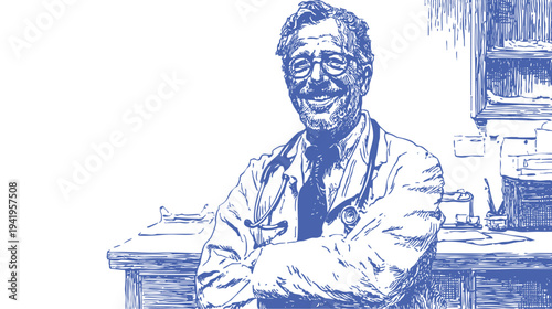 Male doctor portrait medical professional with stethoscope clinic. Hand drawn pencil sketch style. Vector illustration for healthcare, hospital and medical service concepts.