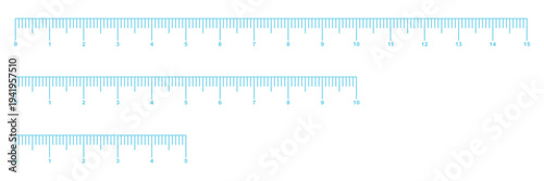 Ruler scale with markings and numbers in centimeters and millimeters units, measuring metric scale. Measuring chart 5, 10, 15 inches set. Ruler scales eight, ten, twelve, fourteen inch. Sewing tool