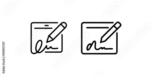 Two black and white vector icons showing different styles of an electronic signature being written with a pen on a tablet