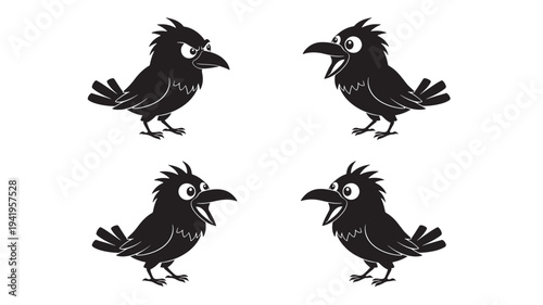 Four cartoon crows with different expressions, two are surprised and two are angry, rendered in black silhouette.