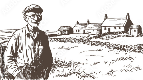 Elderly farmer portrait near rural village houses. Agricultural man standing beside countryside homes and fields. Pencil hand drawn sketch illustration style, background for rural heritage themes.