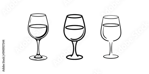 Wine glass icon set, alcohol drink symbol vector illustration, different style and thickness lines on isolated background