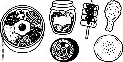 Monochrome vector art of assorted asian food items with fried egg rice bowl pickled vegetables sushi roll grilled skewers fried chicken and rice cracker