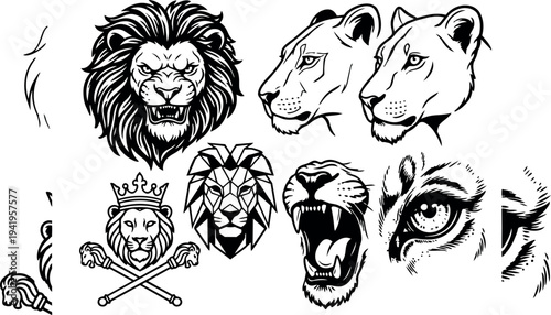 Black and white lion heads collection various facial expressions geometric and realistic style detailed animal vector art