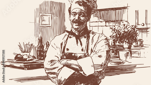 Friendly culinary master posing with crossed arms. Home kitchen with vegetables and bottles, banner for cooking school branding and culinary courses. Ink hand drawn illustration sketch style.