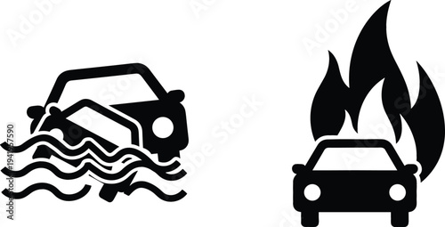 Car accident emergency icons showing vehicle in flood water and burning car with flames, disaster and road hazard warning symbols