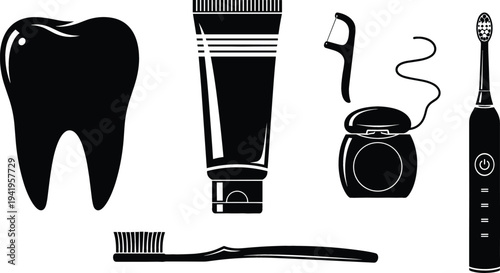 Dental care icons set including tooth, toothpaste, toothbrush, dental floss and electric toothbrush for oral hygiene and dentistry health concept